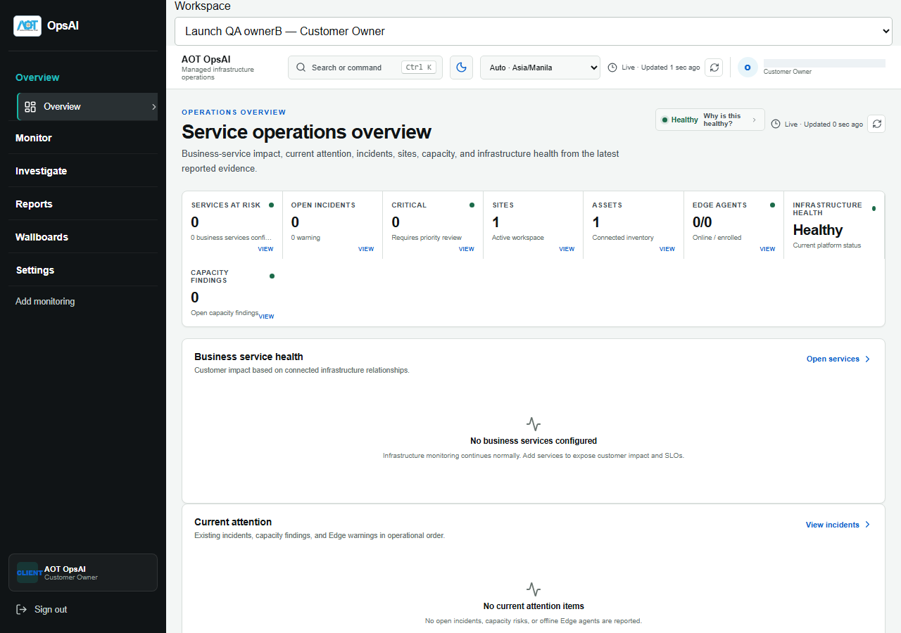AOT OpsAI overview showing a controlled HTTP source, collection status and operational coverage